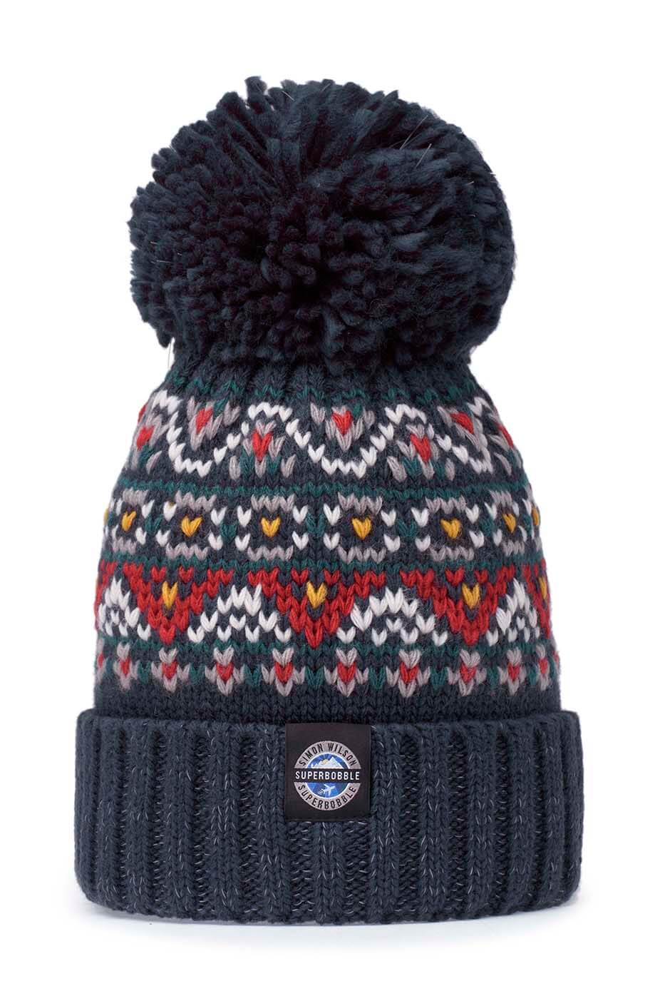 Simon Wilson Navy Fairisle Super Bobble Hat