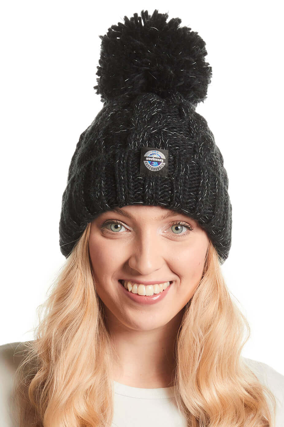 Jet Black Cable Knit Reflective – Super Bobble Hat